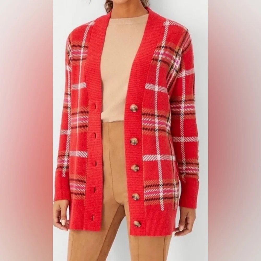 Ann Taylor Jacquard Plaid Boyfriend Cardigan (S) Ptp20”-24” (R$119) NWT - Picture 1 of 7